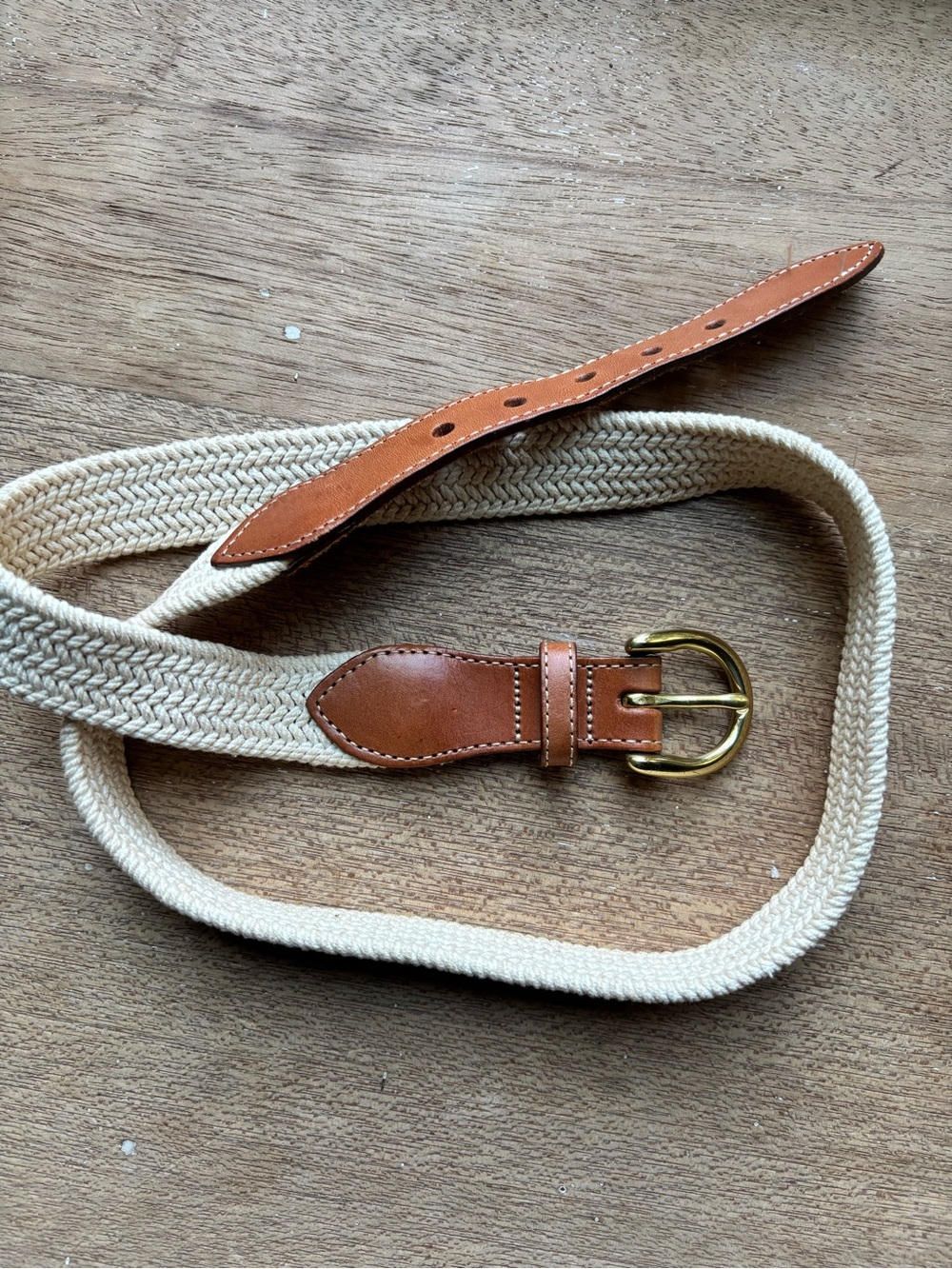 L.L. Bean Cream Woven Belt with Tan Leather and Gold Buckle